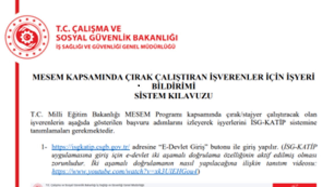 MESEM KAPSAMINDA ÇIRAK ÇALIŞTIRAN İŞVERENLER İÇİN İŞYERİ BİLDİRİMİ SİSTEM KILAVUZU